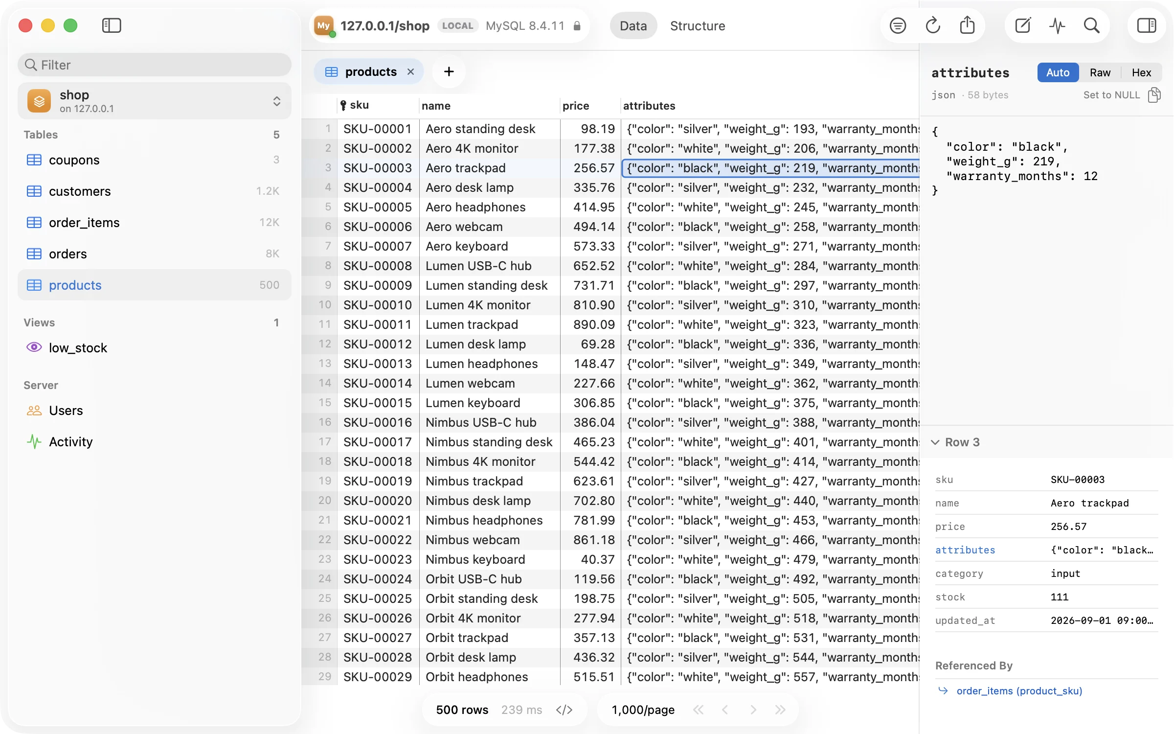 Inlet showing a MySQL products table: the database’s tables and a view in the sidebar, rows in the grid, and a JSON value pretty-printed in the inspector.