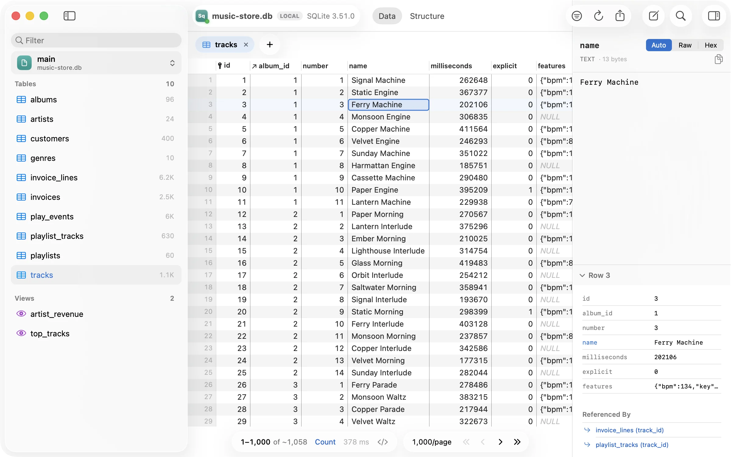 Inlet showing the tracks table of a SQLite music store database: its tables and views in the sidebar and rows in the grid, with a track’s whole row in the inspector.