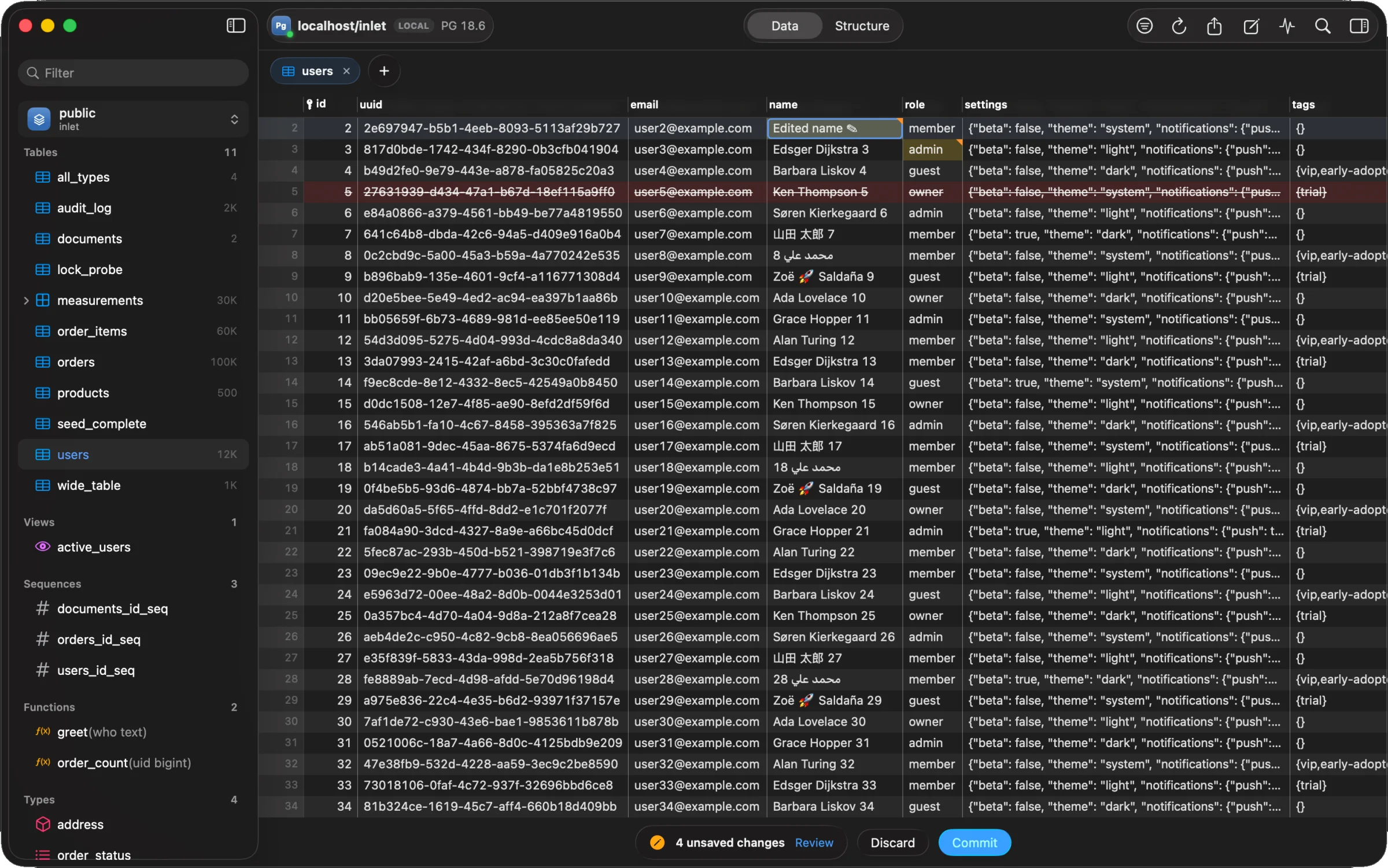 Staged edits in a table: a changed name, a changed role and a row marked for deletion, with 4 unsaved changes waiting to be committed