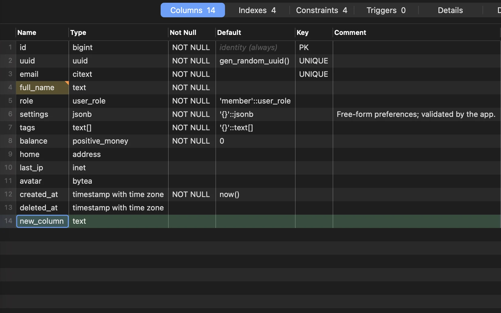 A table’s columns being edited: one renamed and one added