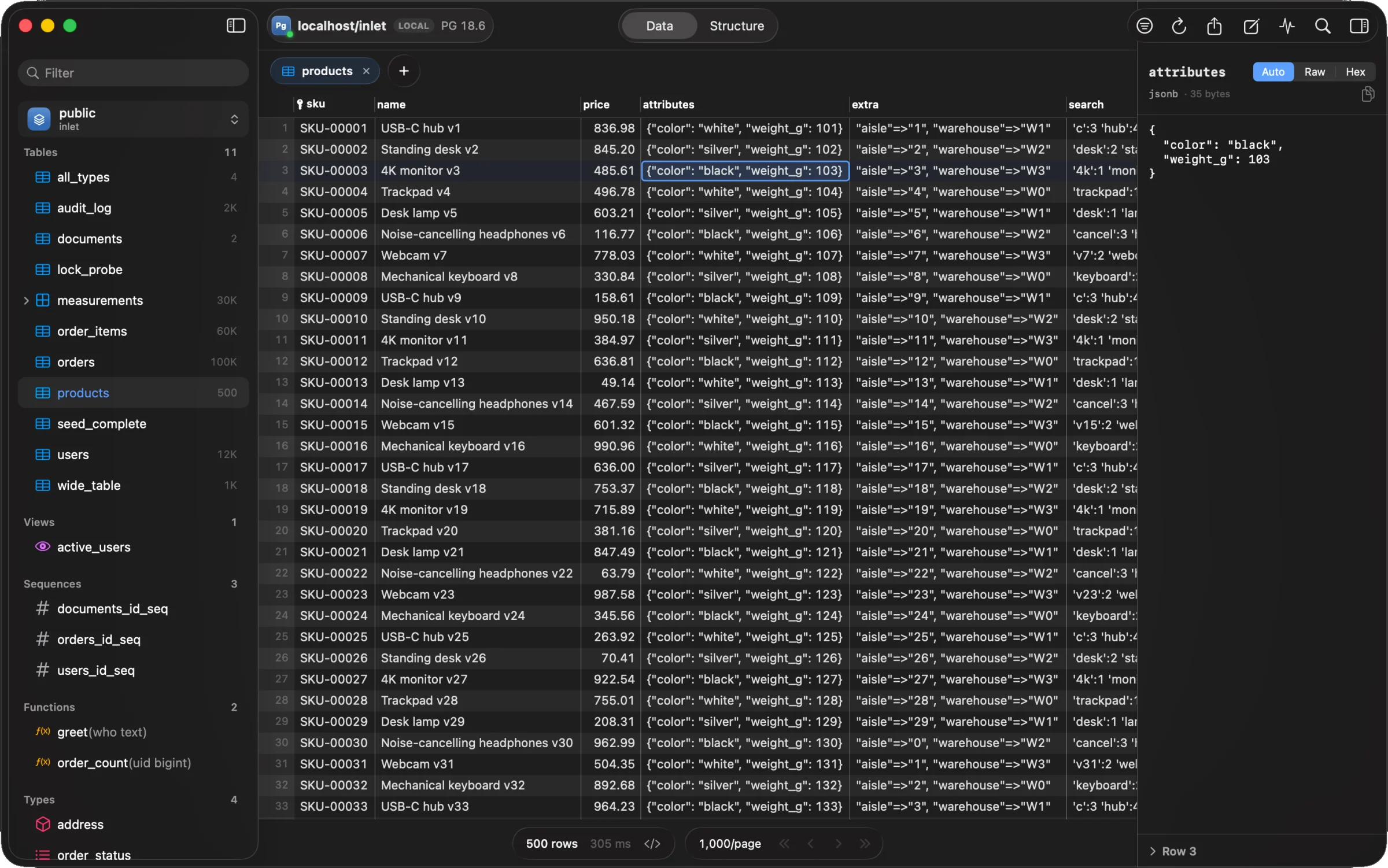 Inlet showing a products table, with a JSON value open in the inspector